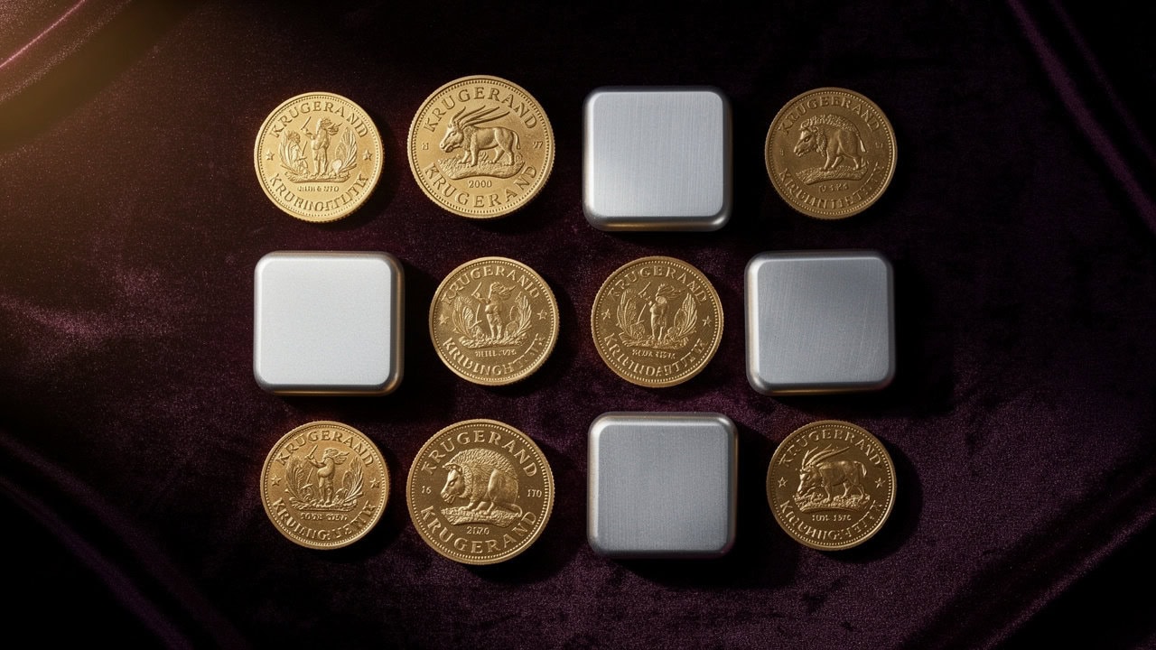 Gold Krugerrands and silver bullion bars arranged on velvet