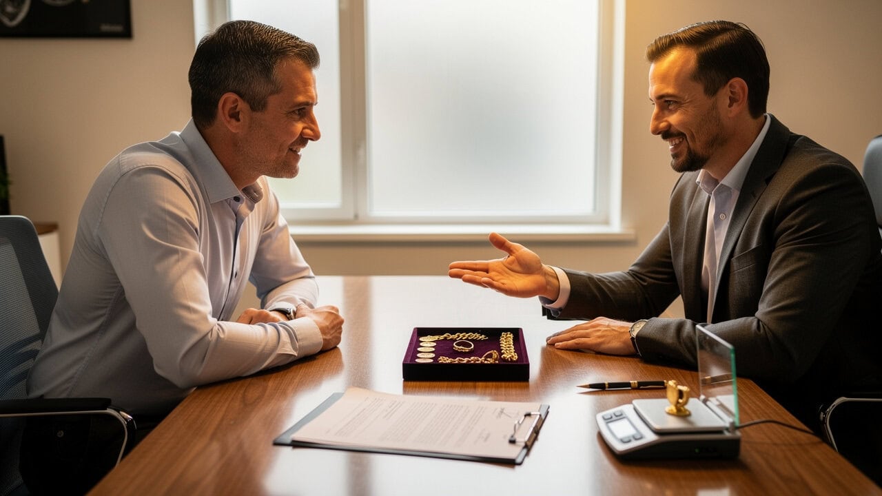 Two men discussing jewelry design at a table with Aurum Craft jewelry display.