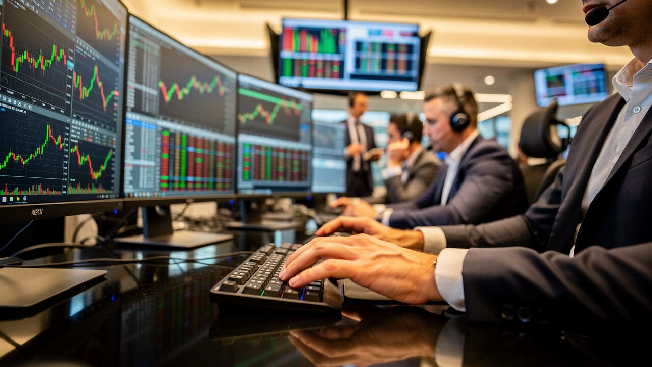 Financial traders analyzing stock market data on multiple screens.