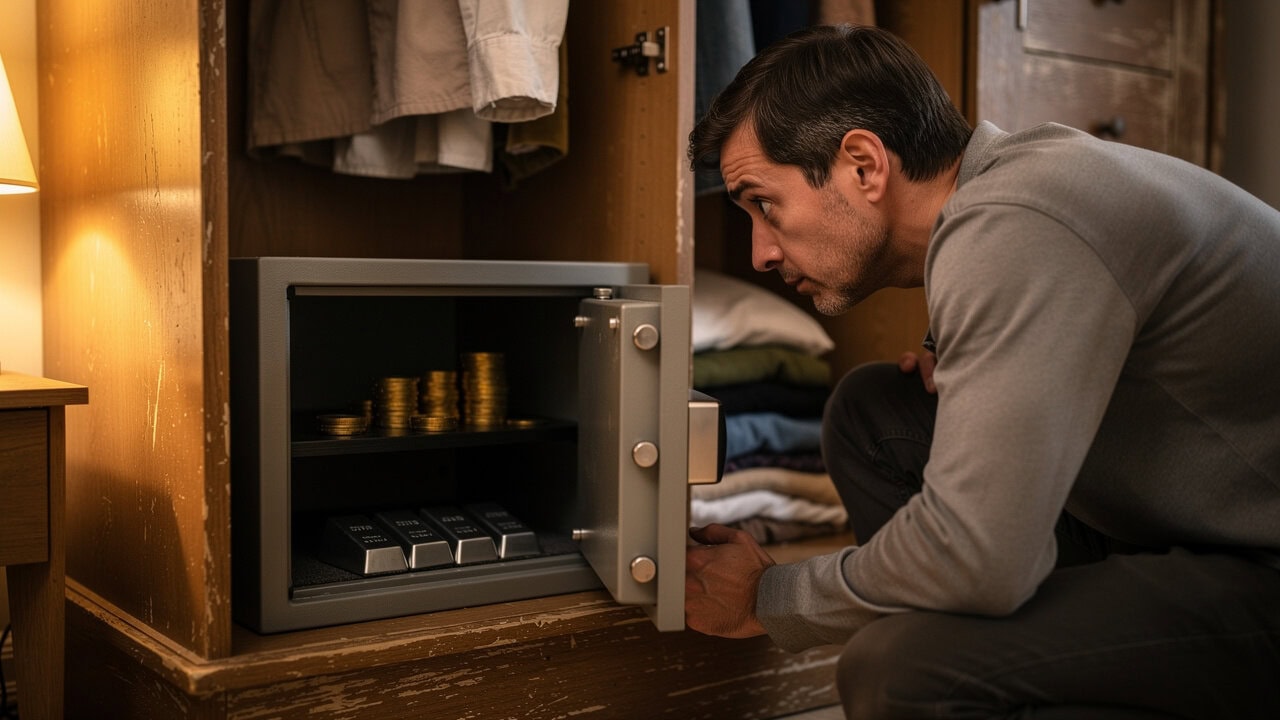 Man opening a safe with gold coins inside for Aurum Craft jewelry.