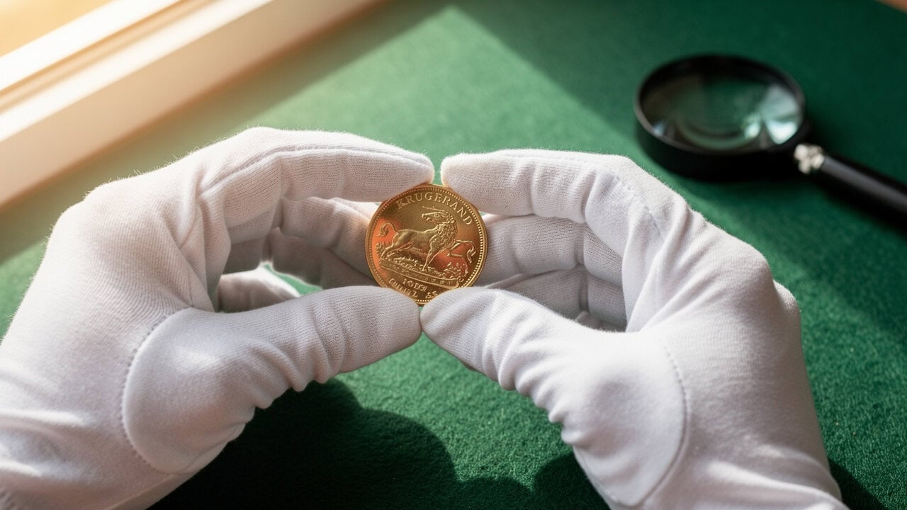 Gloved hands carefully inspecting a Krugerrand gold coin