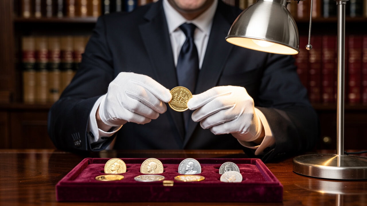 Precious metals specialist examining a gold Krugerrand coin