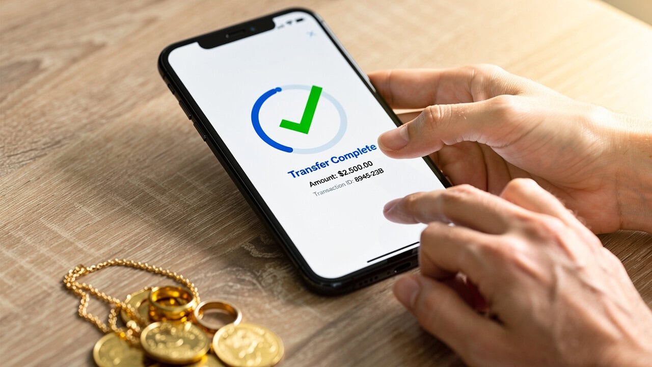 Person confirming successful gold transfer on mobile device with jewelry nearby.