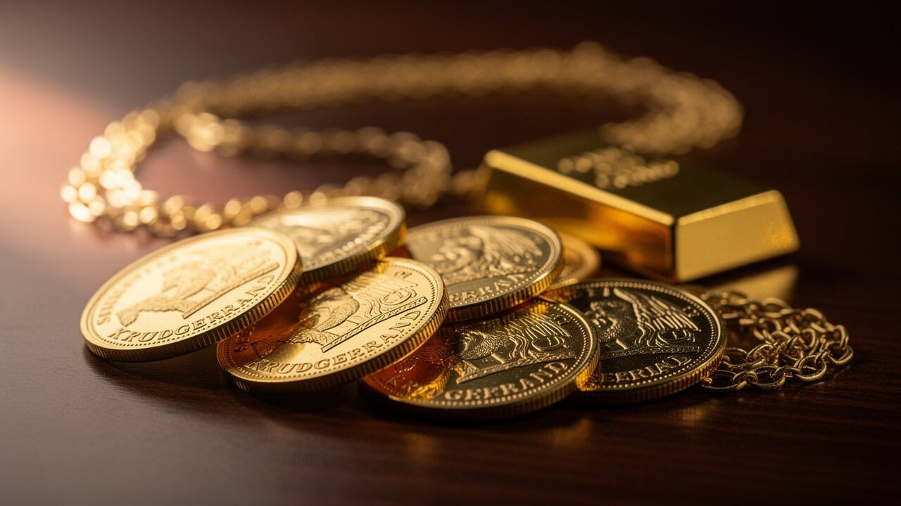Gold jewelry and coins displayed for selling in South Africa, trusted gold buyers.