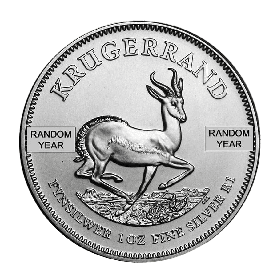 South African 1 oz Silver Krugerrand coin with springbok design, BU condition, featuring the year of.