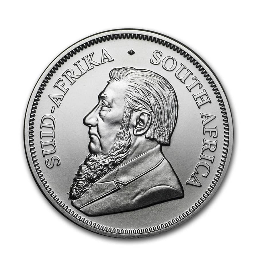 Close-up of South African 1 oz Silver Krugerrand coin with detailed portrait.